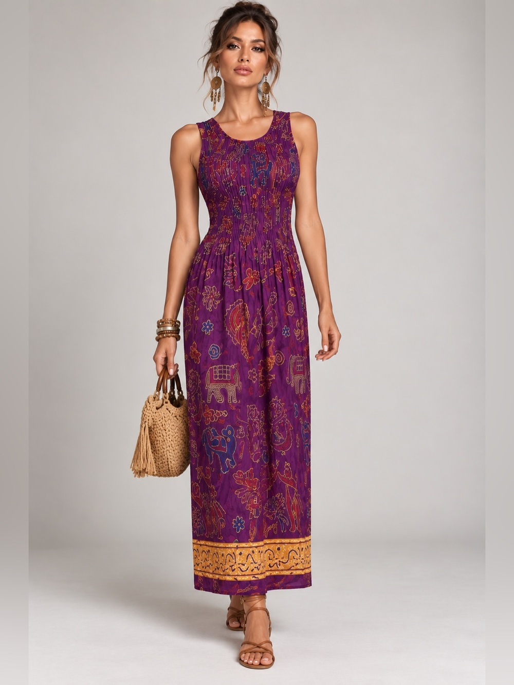 Y2K Womens Boho Maxi Dress Purple Gold Paisley Elephant Sleeveless Festival L